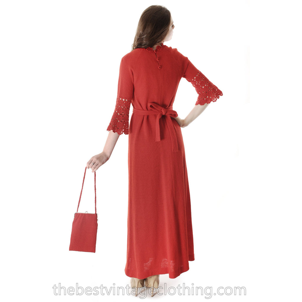 Vtg Finnish Red Wool Knitted Maxi Dress & Matching Bag 1970s Punainen Rukki The Best Vintage Clothing