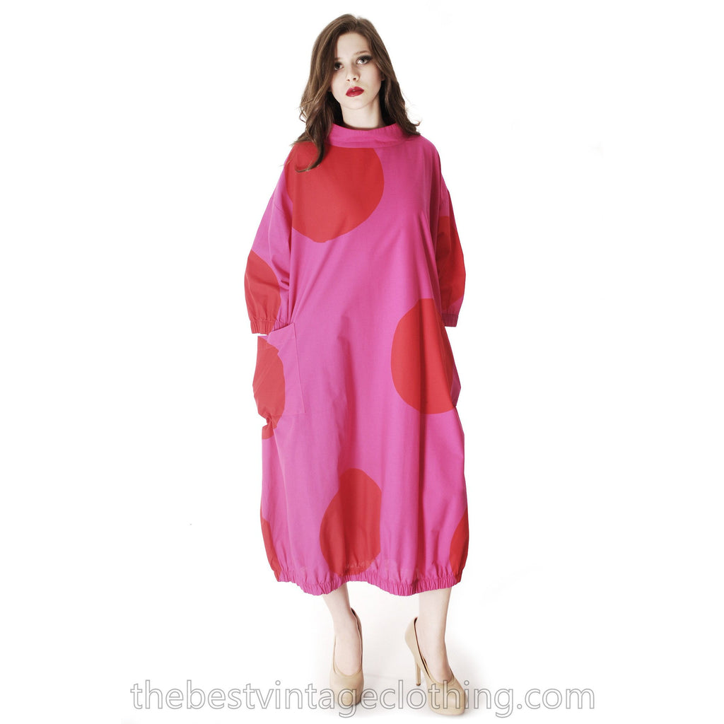 Vintage 1960s Vuokko Fuchsia Gown Huge Red Polka Dots Elasticated Bubble Hem & Cuffs M marimekko The Best Vintage Clothing