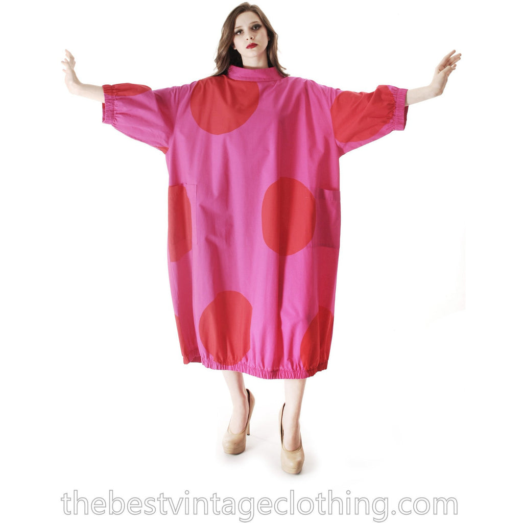 Vintage 1960s Vuokko Fuchsia Gown Huge Red Polka Dots Elasticated Bubble Hem & Cuffs M marimekko The Best Vintage Clothing