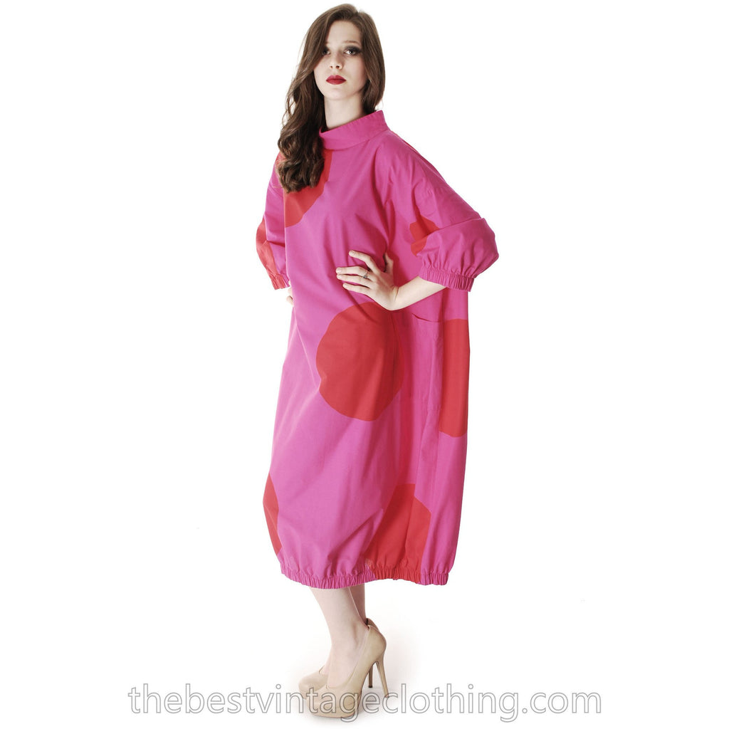 Vintage 1960s Vuokko Fuchsia Gown Huge Red Polka Dots Elasticated Bubble Hem & Cuffs M marimekko The Best Vintage Clothing