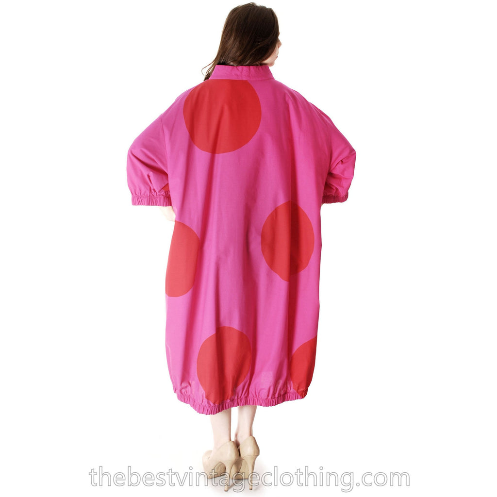 Vintage 1960s Vuokko Fuchsia Gown Huge Red Polka Dots Elasticated Bubble Hem & Cuffs M marimekko The Best Vintage Clothing
