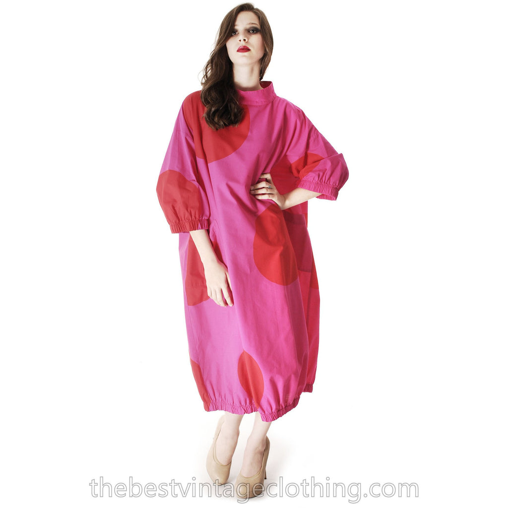 Vintage 1960s Vuokko Fuchsia Gown Huge Red Polka Dots Elasticated Bubble Hem & Cuffs M marimekko The Best Vintage Clothing