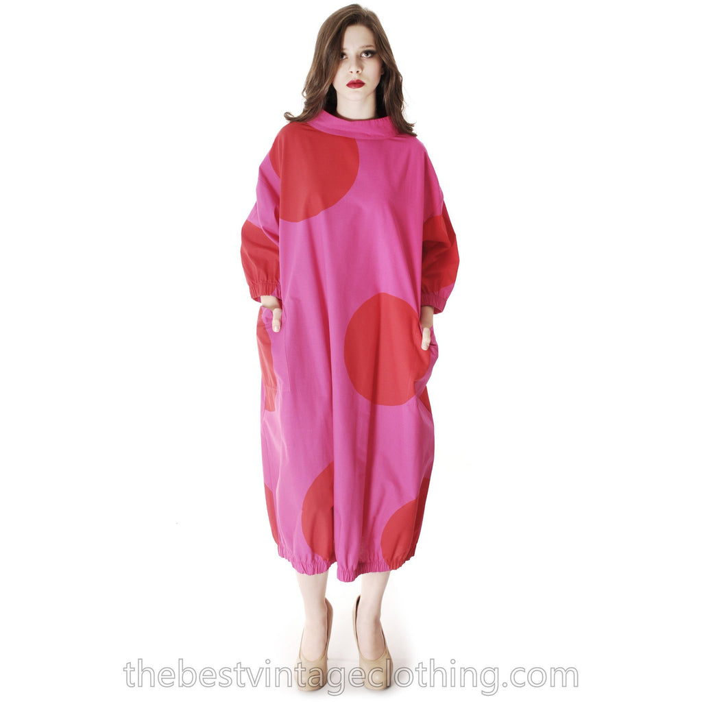 Vintage 1960s Vuokko Fuchsia Gown Huge Red Polka Dots Elasticated Bubble Hem & Cuffs M marimekko The Best Vintage Clothing