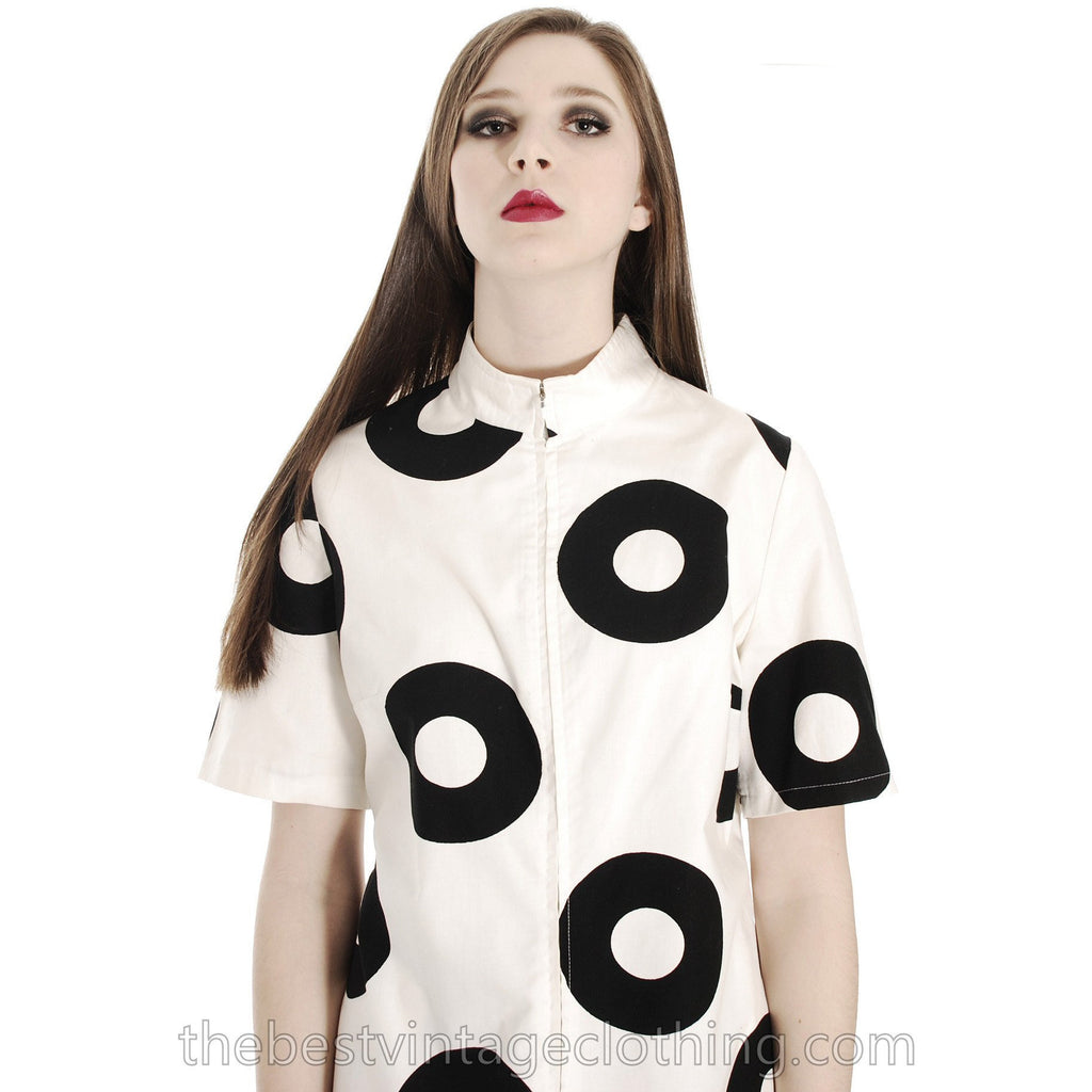 Vintage 1970s Vuokko Designer Black And White Circles Print Tunic Cotton 44 M marimekko Vuokko