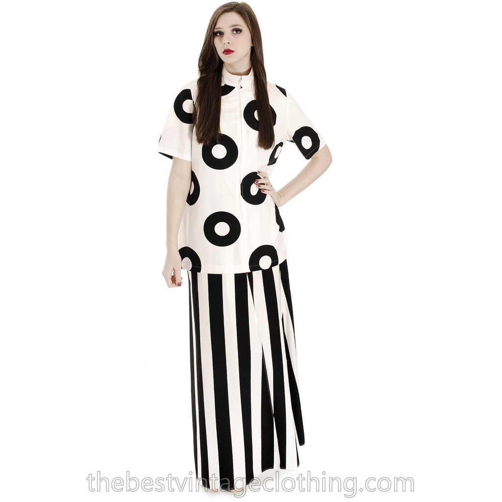 Vintage 1970s Vuokko Designer Black And White Circles Print Tunic Cotton 44 M marimekko Vuokko