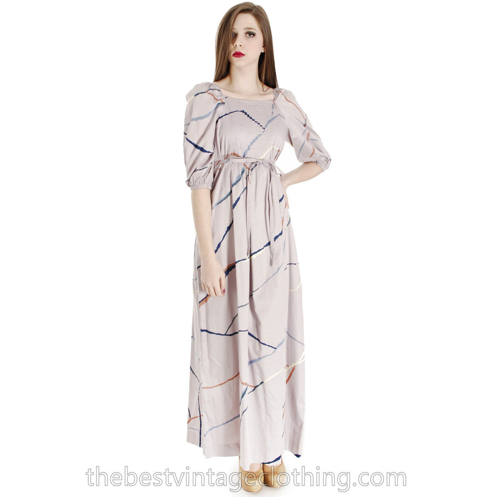 Vintage Marimekko Suomi Finland 1978 Gray Cotton Printed Maxi Dress Blue XS marimekko The Best Vintage Clothing