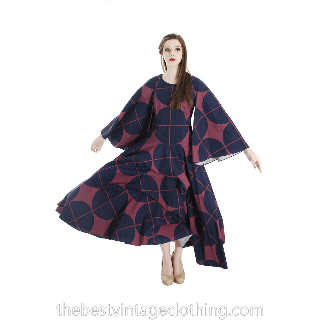 Vintage Marimekko Katsuji Wakisaka Angel Sleeve Full Skirt Maxi Dress Cotton 40/12 Blue Red marimekko The Best Vintage Clothing