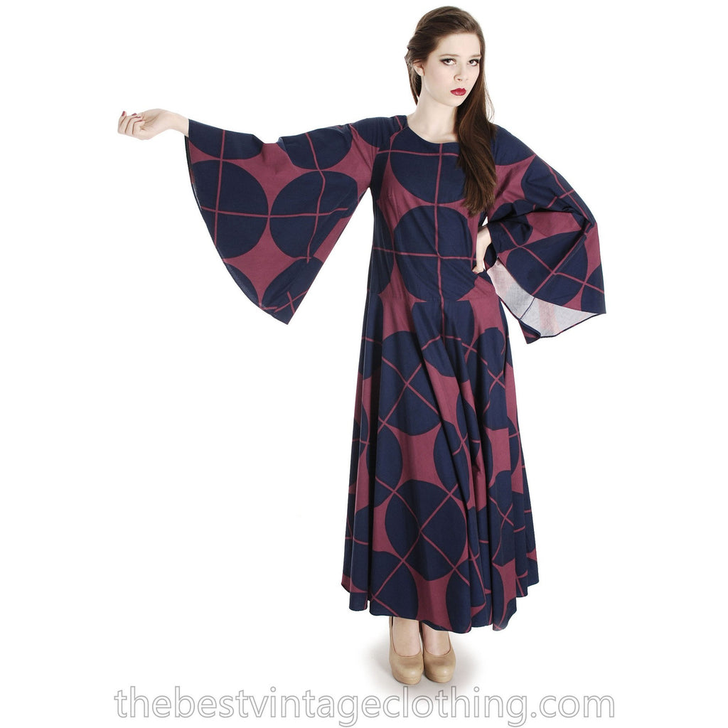 Vintage Marimekko Katsuji Wakisaka Angel Sleeve Full Skirt Maxi Dress Cotton 40/12 Blue Red marimekko The Best Vintage Clothing