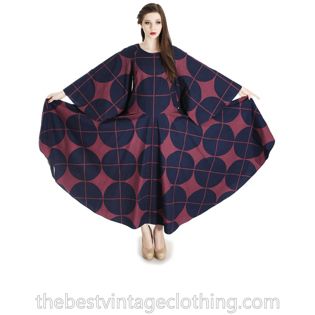 Vintage Marimekko Katsuji Wakisaka Angel Sleeve Full Skirt Maxi Dress Cotton 40/12 Blue Red marimekko The Best Vintage Clothing