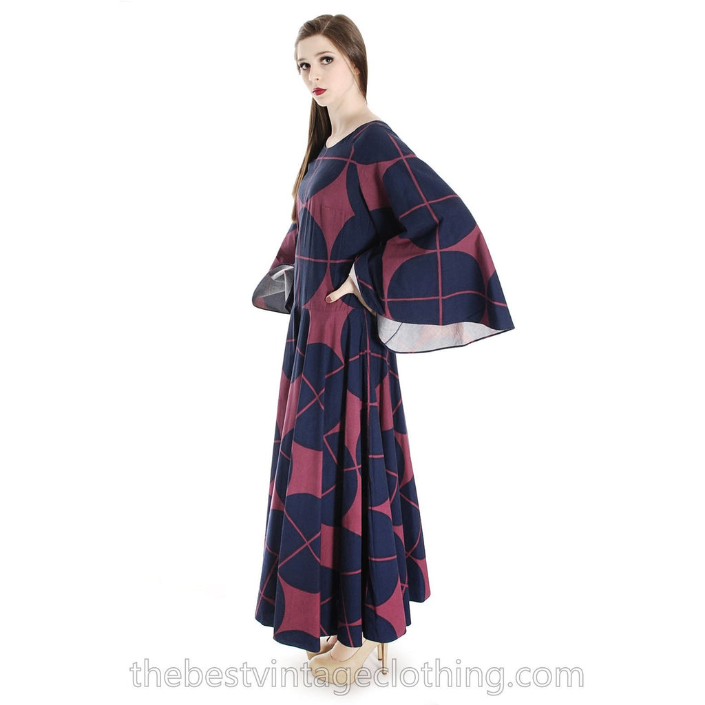 Vintage Marimekko Katsuji Wakisaka Angel Sleeve Full Skirt Maxi Dress Cotton 40/12 Blue Red marimekko The Best Vintage Clothing