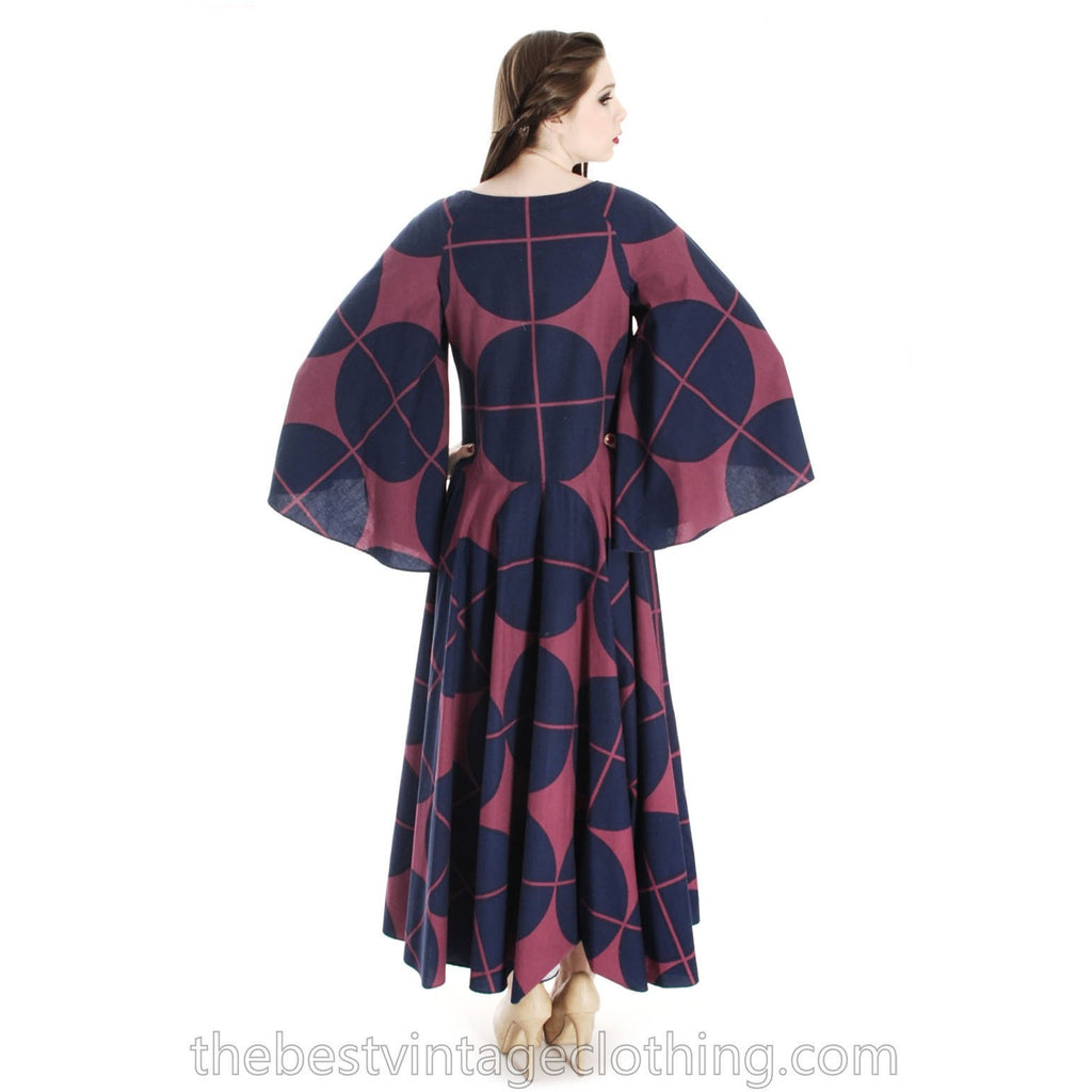 Vintage Marimekko Katsuji Wakisaka Angel Sleeve Full Skirt Maxi Dress Cotton 40/12 Blue Red marimekko The Best Vintage Clothing