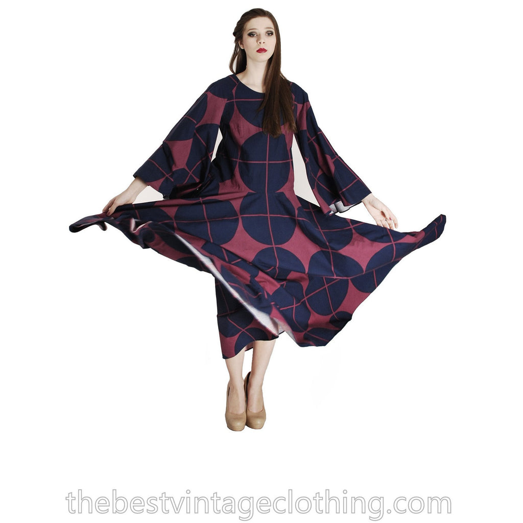 Vintage Marimekko Katsuji Wakisaka Angel Sleeve Full Skirt Maxi Dress Cotton 40/12 Blue Red marimekko The Best Vintage Clothing