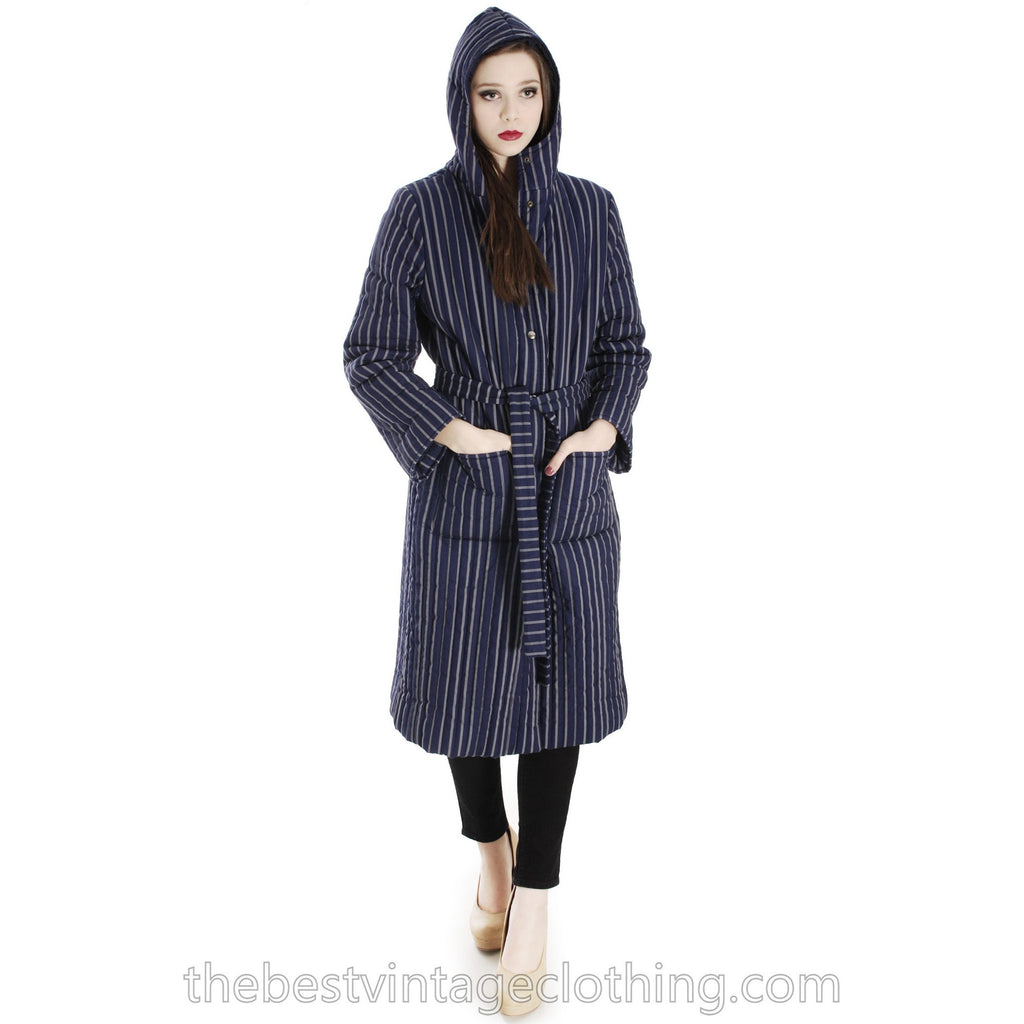 Vintage 1970s Blue Vuokko Suomi Finland Striped Cotton Quilted Coat Snap Front Mod EU 42 S M L marimekko Vuokko