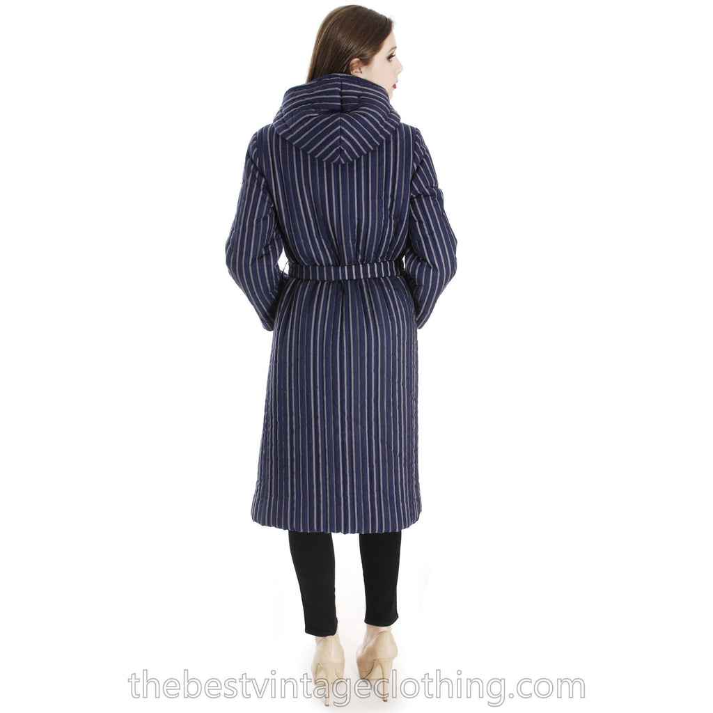 Vintage 1970s Blue Vuokko Suomi Finland Striped Cotton Quilted Coat Snap Front Mod EU 42 S M L marimekko Vuokko