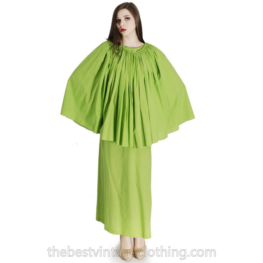 Vintage 1960s Vuokko Nurmesniemi RARE Lime Green Maxi Dress with Voluminous Cape 38/10 marimekko The Best Vintage Clothing