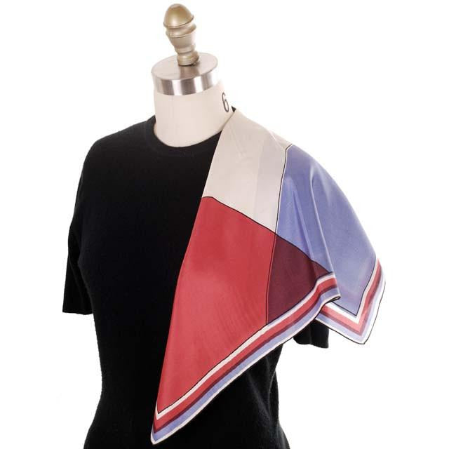 Vintage Scarf Silk By Vera Red Blue Color Block 1950s 22" Square On Sale,Accessories Vera