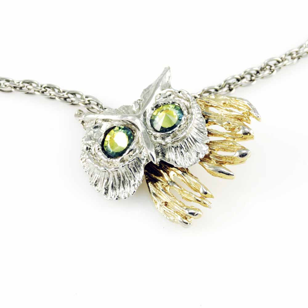 Vintage Gold/Silver Tone Jointed Owl Necklace Rivoli Crystal Green Eyes 1970S On Sale The Best Vintage Clothing