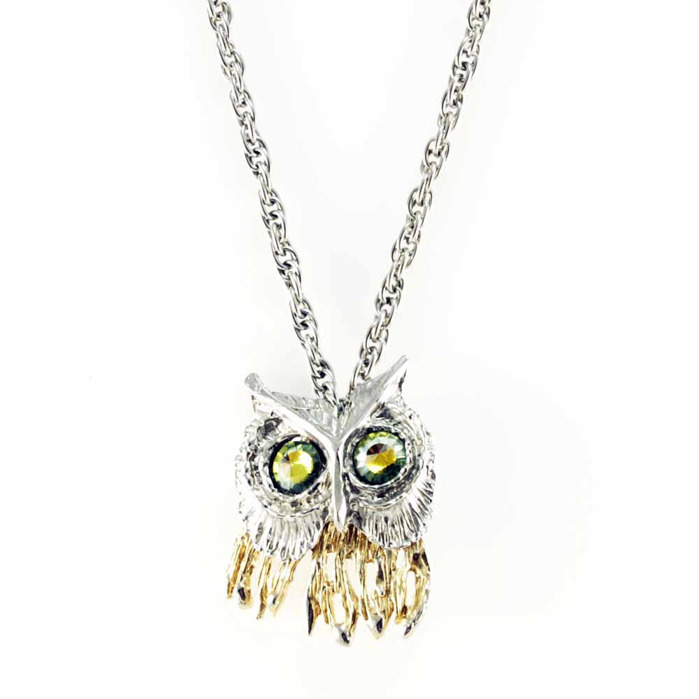 Vintage Gold/Silver Tone Jointed Owl Necklace Rivoli Crystal Green Eyes 1970S On Sale The Best Vintage Clothing