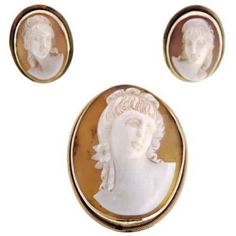 Rare Vintage Victorian Tortoise Shell Cameo Brooch & Earrings  14K - The Best Vintage Clothing
 - 1