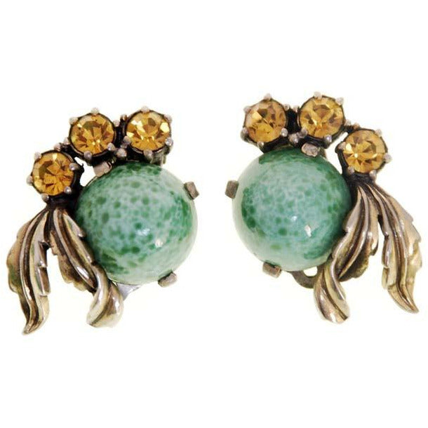 Vintage Signed Schiaparelli Gum Drop Jewelry Parure Necklace & Ears 1950s Aqua & Gold Women's Schiaparelli