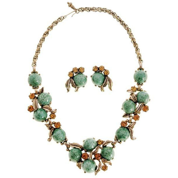 Vintage Signed  Schiaparelli  Gum Drop Jewelry  Parure Necklace & Ears 1950s Aqua & Gold - The Best Vintage Clothing
 - 1