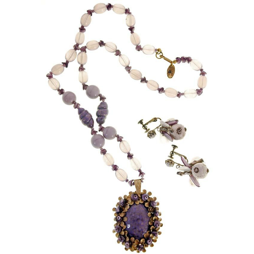 Vintage Miriam Haskell Necklace Demi Parure Purple Poured Glass Moonstone Jewelry,New Arrivals Miriam Haskell
