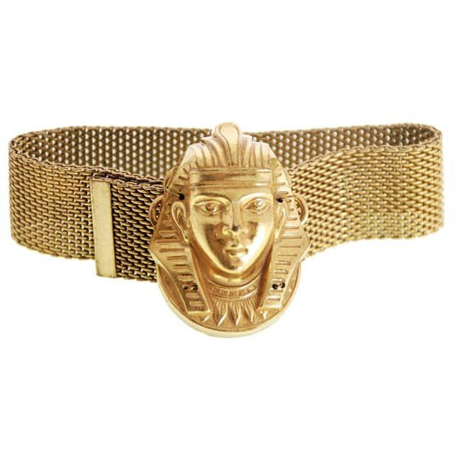 Vintage Miriam Haskell Egyptian Revival Pharoah Head Slide Bracelet Russian Gold Jewelry Miriam Haskell