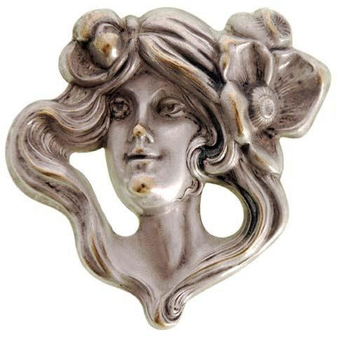 Antique Repoussé Brooch  Art Nouveau Ladies Figural Floral Silver Plated - The Best Vintage Clothing
 - 1