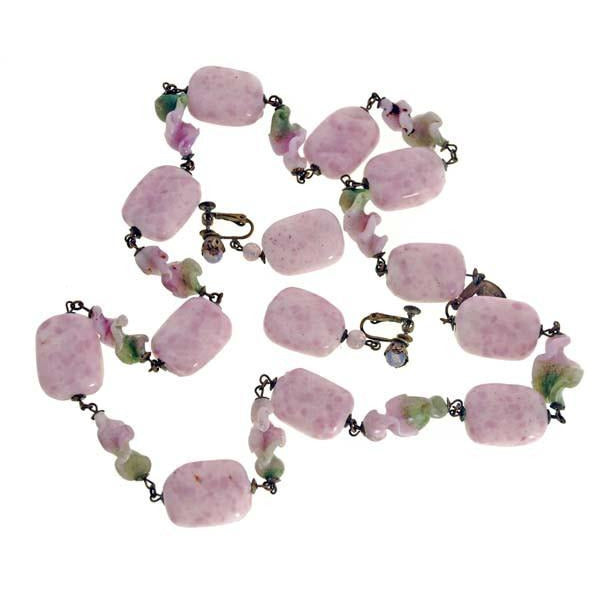Vintage Miriam Haskell Necklace & Ears Pink Poured Glass Large Beads Cart2cart Miriam Haskell