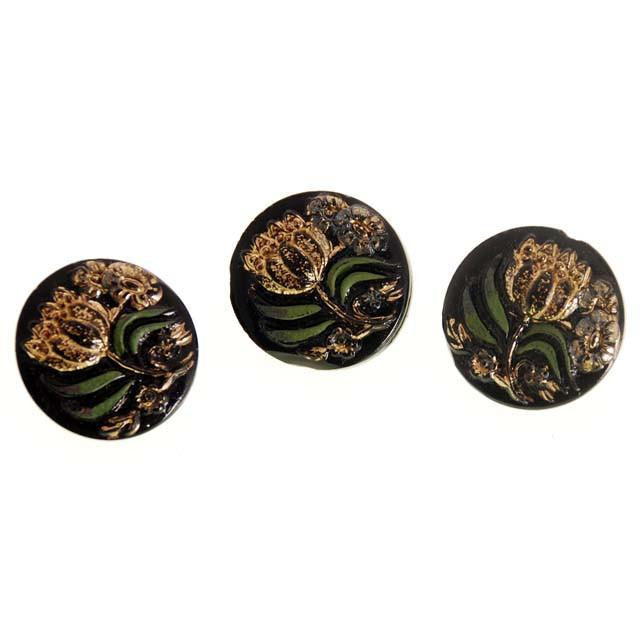 Antique Glass Buttons w/ Green and Gilt Gold Carved Flowers Shank - The Best Vintage Clothing
 - 1