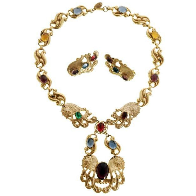 Vintage Miriam Haskell Necklace & Earring Set Demi-Parure Colorful Cabochon Jewelry,New Arrivals Miriam Haskell