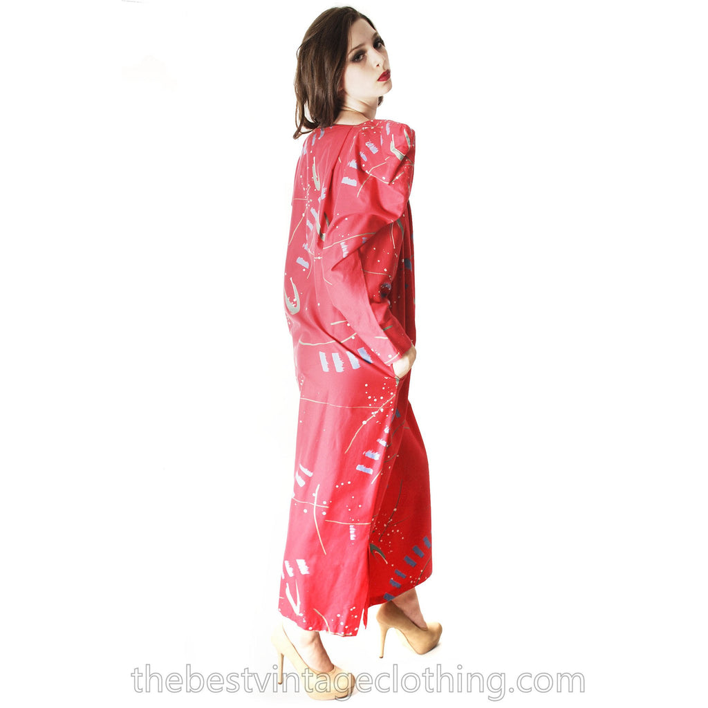 Vintage Marimekko Maxi Dress Huge Shoulders Red Abstract Print Ultra 1980s Sz L marimekko The Best Vintage Clothing