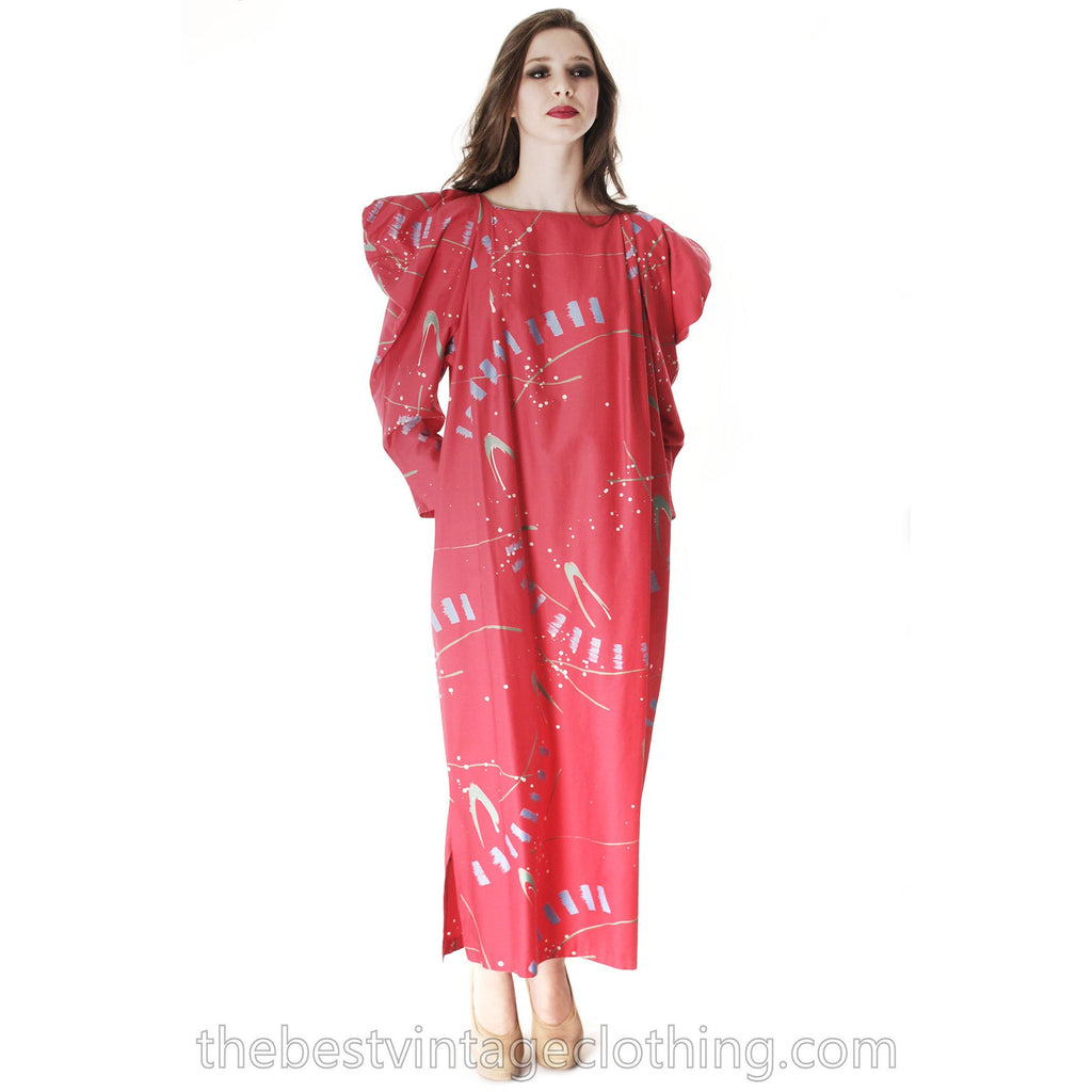 Vintage Marimekko Maxi Dress Huge Shoulders Red Abstract Print Ultra 1980s Sz L marimekko The Best Vintage Clothing