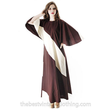 Vintage 1970s Vuokko Designer Angel Sleeve Tent Dress Brown & Ivory METSÄ Diagonal Stripes 44 marimekko The Best Vintage Clothing