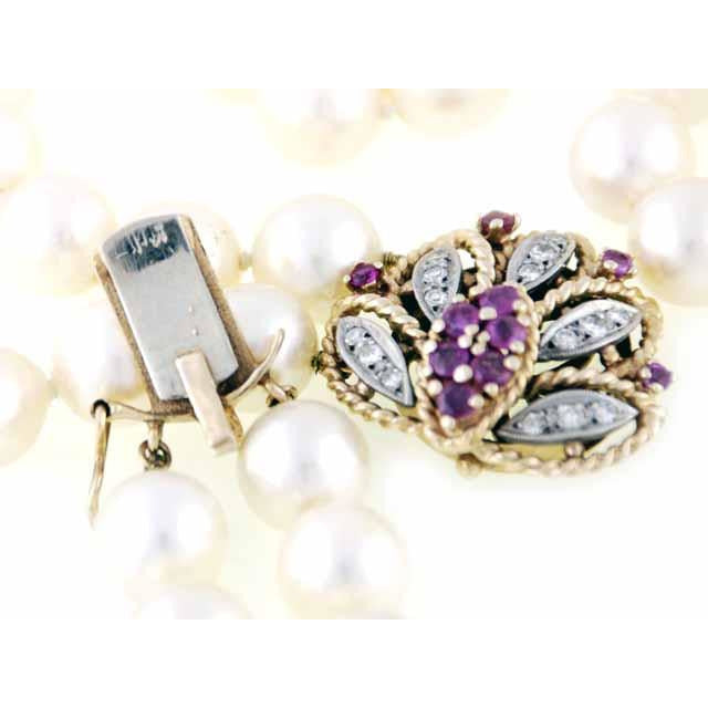 Vintage Estate Double Strand 9MM Pearls .25 K Diamonds Ruby Large 14K 1930s Jewelry vendor-unknown