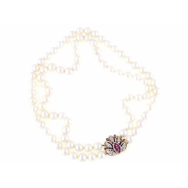 Vintage Estate Double Strand 9MM Pearls .25 K Diamonds Ruby Large 14K 1930s Jewelry vendor-unknown