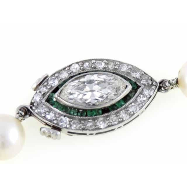Vintage Estate Necklace Art Deco Platinum .5K Marquise Diamond Emeralds / Pearl Jewelry vendor-unknown