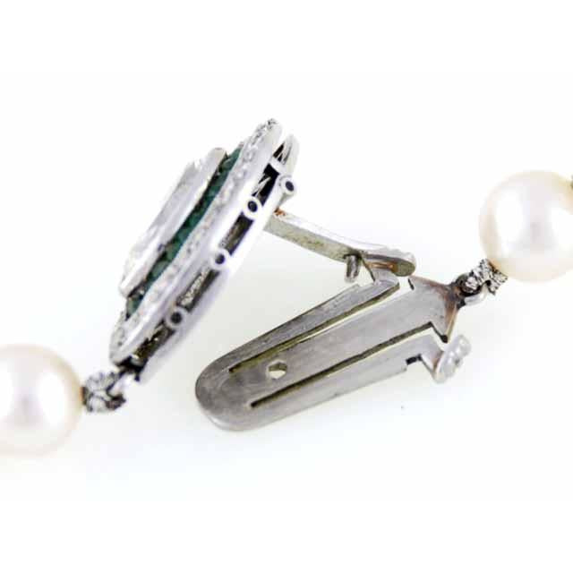 Vintage Estate Necklace Art Deco Platinum .5K Marquise Diamond Emeralds / Pearl Jewelry vendor-unknown