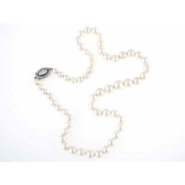 Vintage Estate Necklace Art Deco Platinum .5K Marquise Diamond Emeralds / Pearl Jewelry vendor-unknown