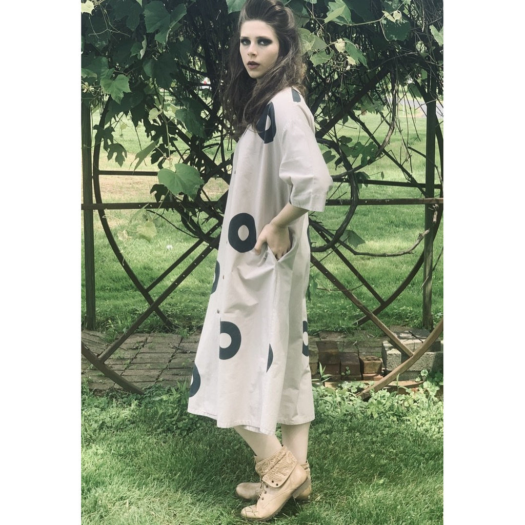 Vintage Mod 1970s Iconic Vuokko Beige / Gray Circles Geometric Print Coat Dress Sz S marimekko The Best Vintage Clothing