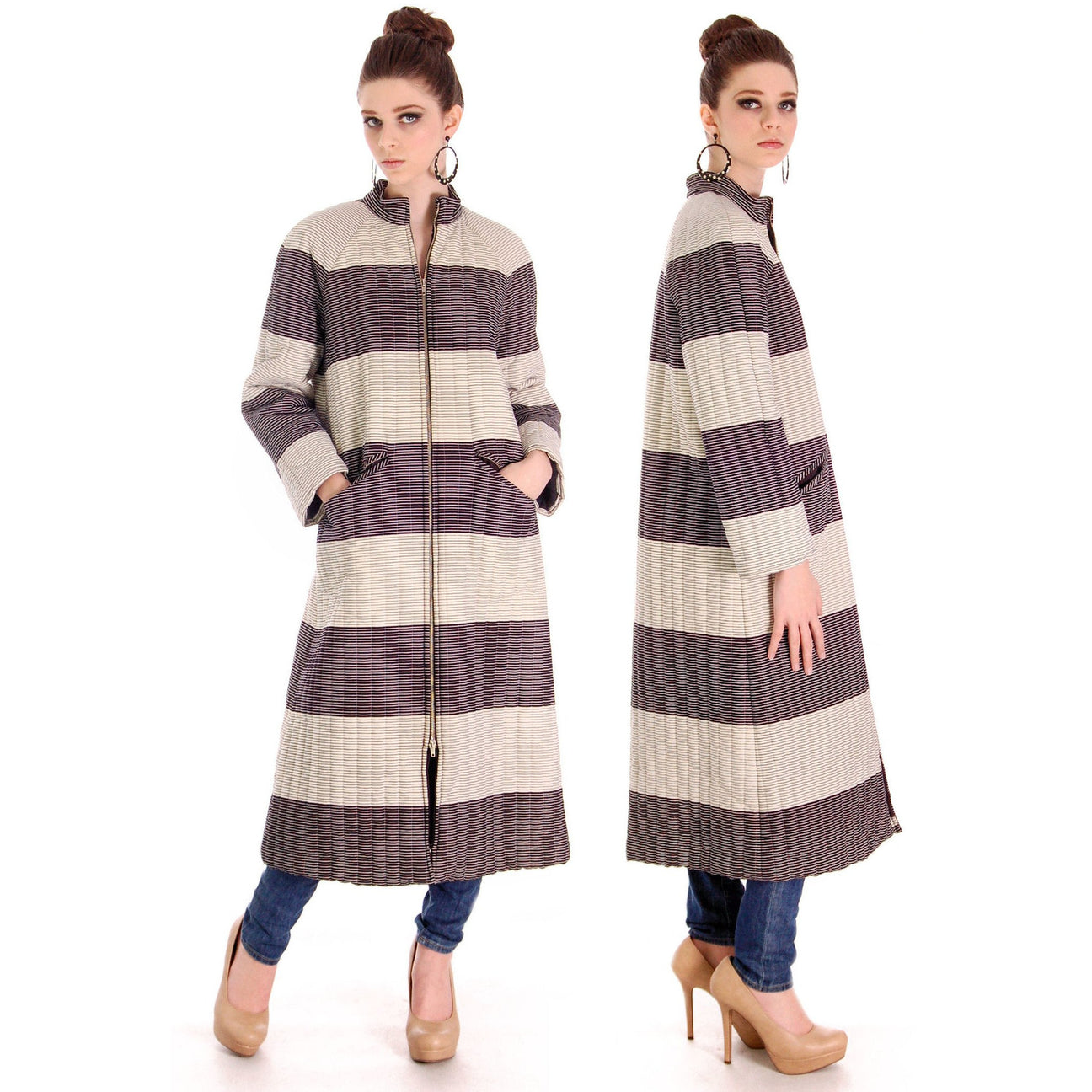 Vintage 1970s Vuokko Suomi Finland Striped Cotton Coat Zip Front Mod 38 Fits S to M marimekko Vuokko