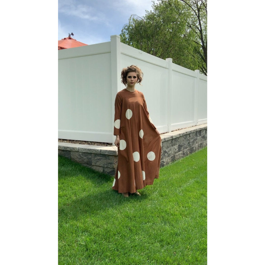 Vuokko 1970 Pallo Annika RImala Vintage Tent Gown Cotton Brown and White Polka Dot Sz 38 marimekko The Best Vintage Clothing