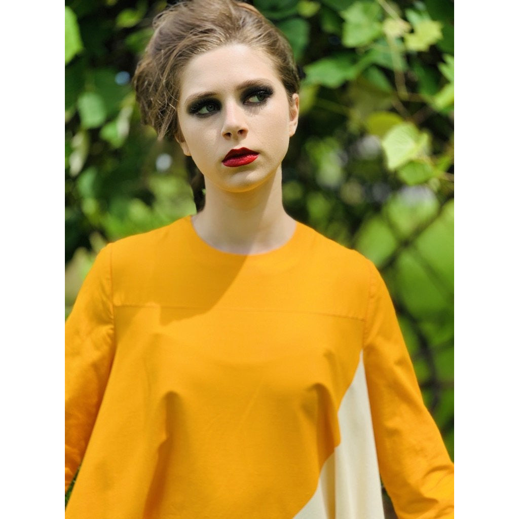 Vintage ”Metsä” Vuokko Nurmesniemi Womens Tent Dress 70s M EU42 Yellow White Stripe Cotton marimekko The Best Vintage Clothing