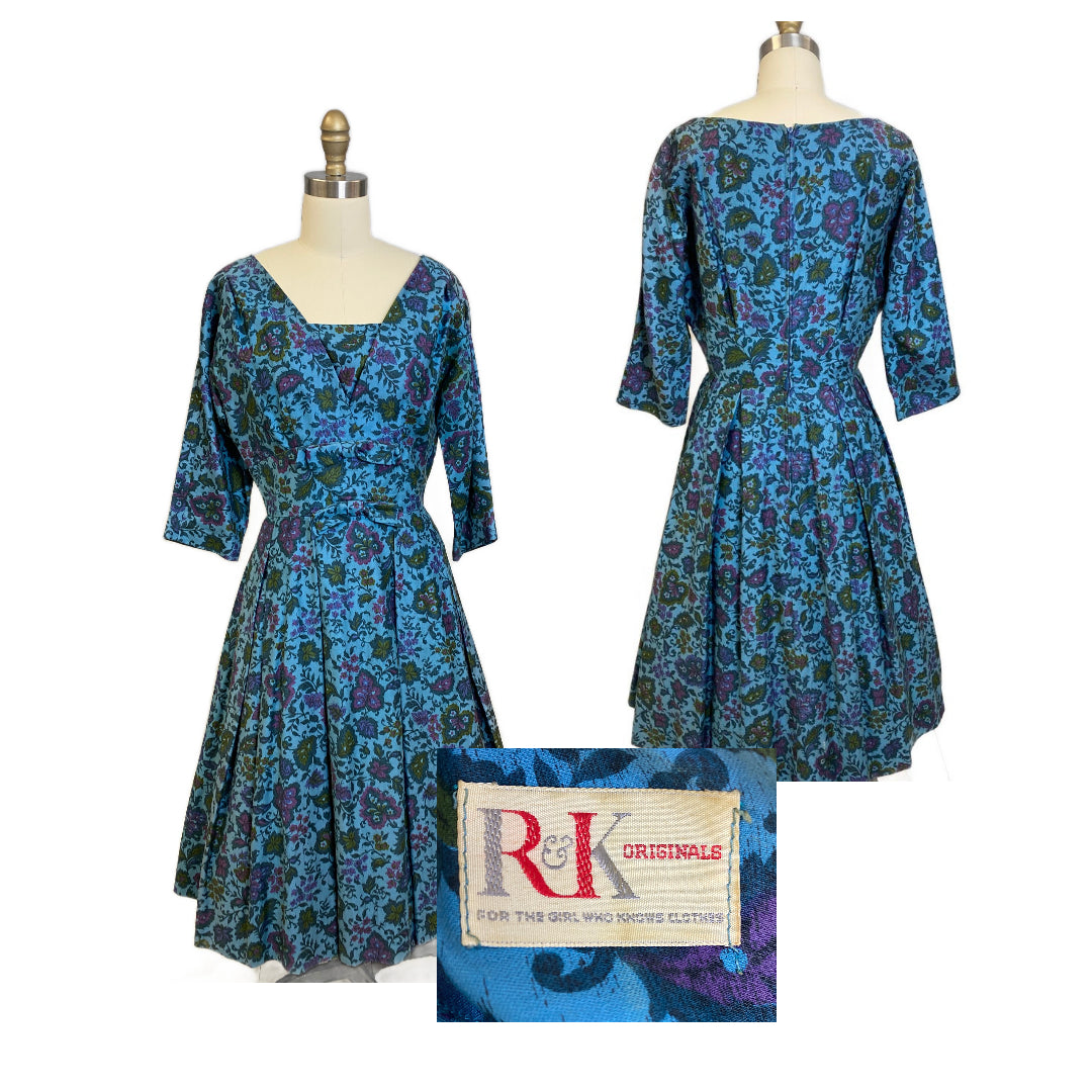 VTG R&K Original Dress 50s Polished Cotton Day/Party Blue Floral M/L Wide  Waist