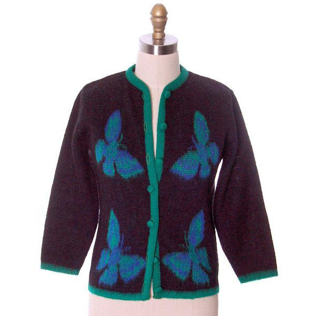 Vintage Ladies Cardigan Sweater Wool/Mohair Fab Blue Butterfly Motif 1960s Med Women's,New Arrivals The Best Vintage Clothing