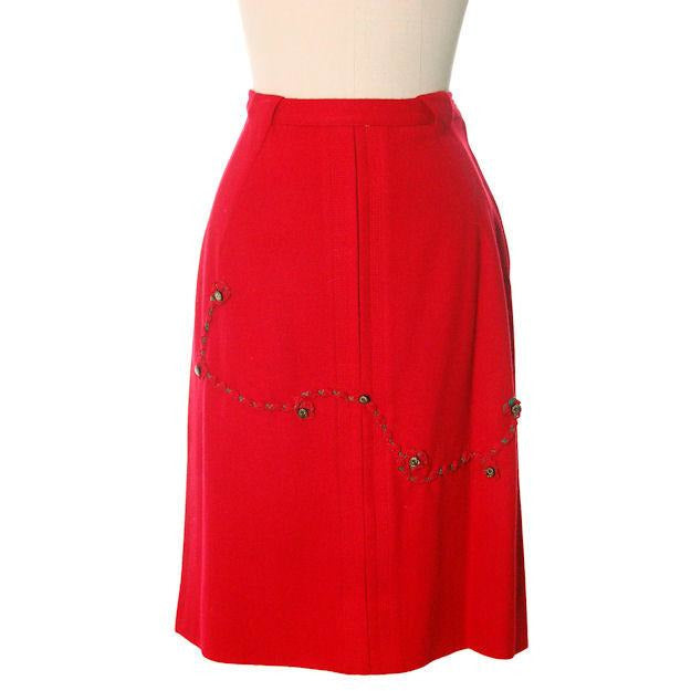 Hot Lipstick Red Vintage Pencil Skirt Wool w Passementerie Braid