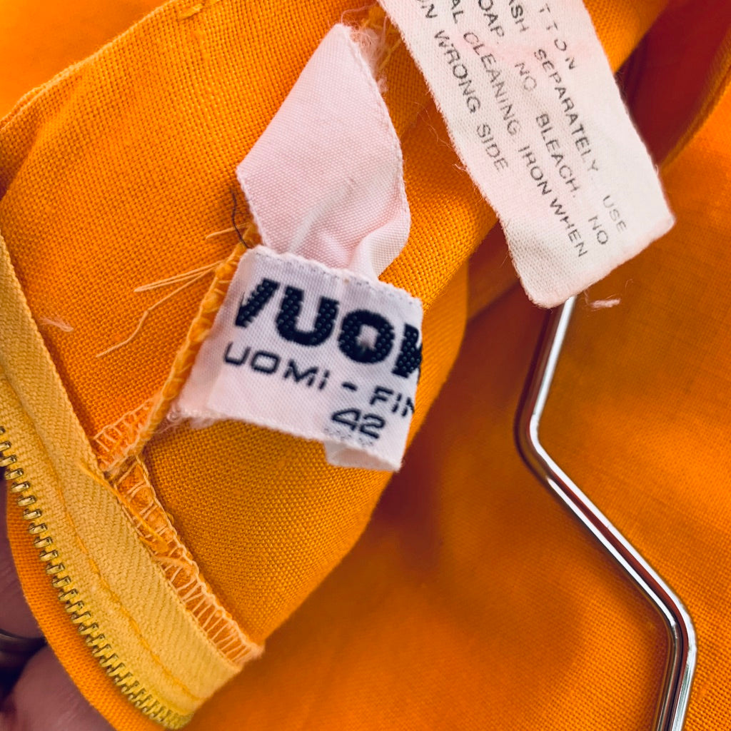 Vintage ”Metsä” Vuokko Nurmesniemi Womens Tent Dress 70s M EU42 Yellow White Stripe Cotton marimekko The Best Vintage Clothing