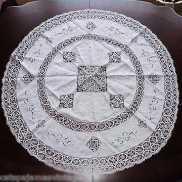 Antique Linen Round Tablecloth Handmade Cluny Bobbin Lace & Whitework Provenance 38" Cart2cart The Best Vintage Clothing