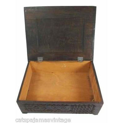 VTG Bohemian Wood Hand Carved Trinket Jewelry Box Cat/ Design 12"x10" Dark Wood Cart2cart The Best Vintage Clothing