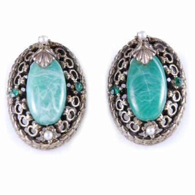 Vintage Brass tone Filigree Jade Clip-On Earrings 1940S On Sale The Best Vintage Clothing